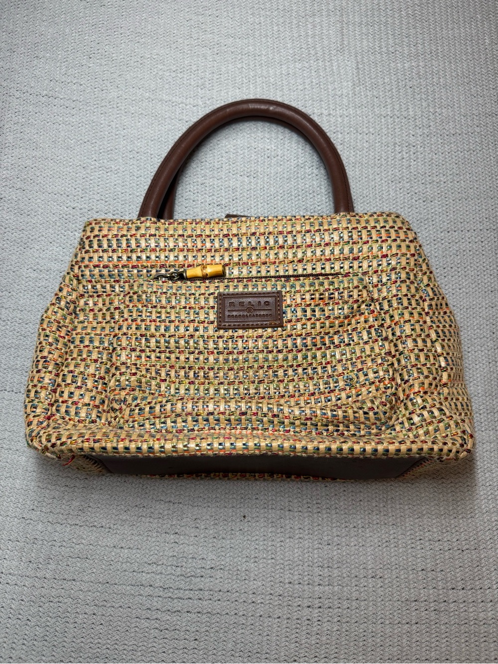 Relic Woven Satchel Handbag with Brown Trim in Natural